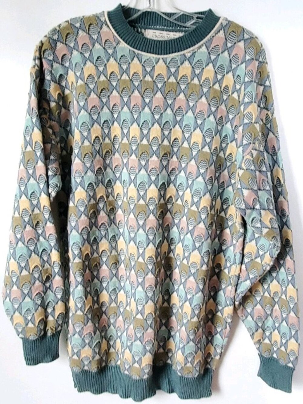 Vintage Crossings Sweater Mens Large 90s Geometric Honeycomb Knit Grandpa Core